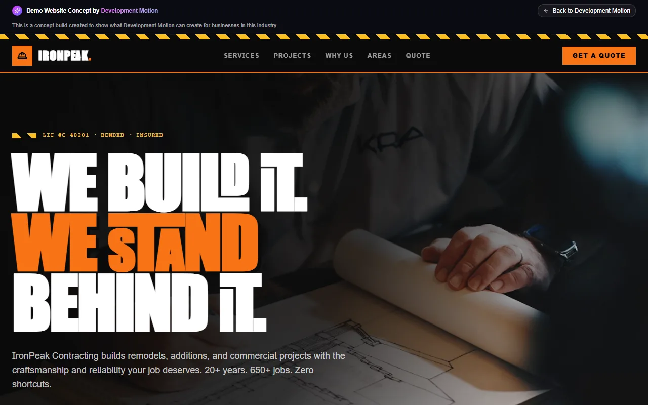 Premium contractor website demo by Development Motion