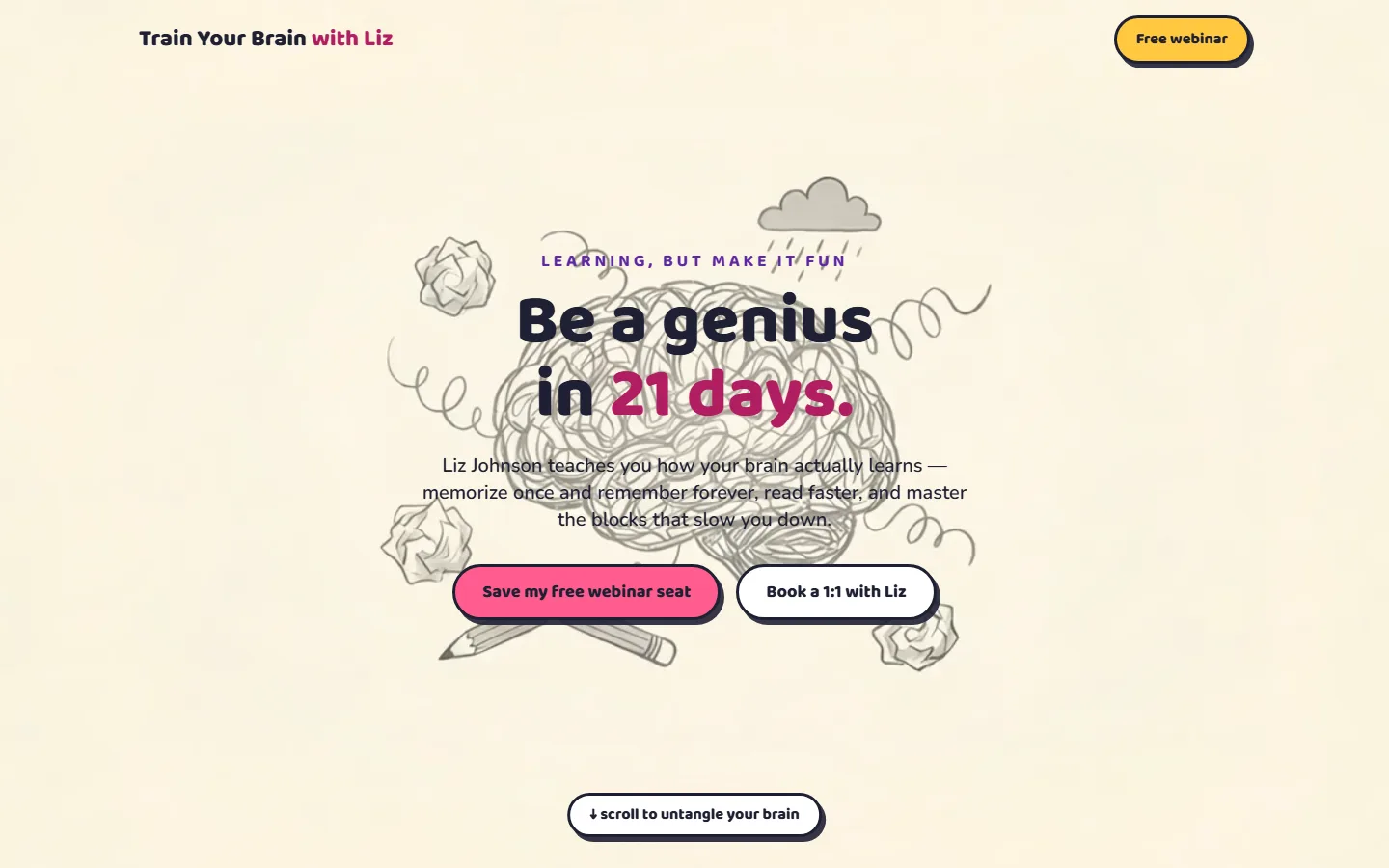 Screenshot of the Train Your Brain with Liz website homepage